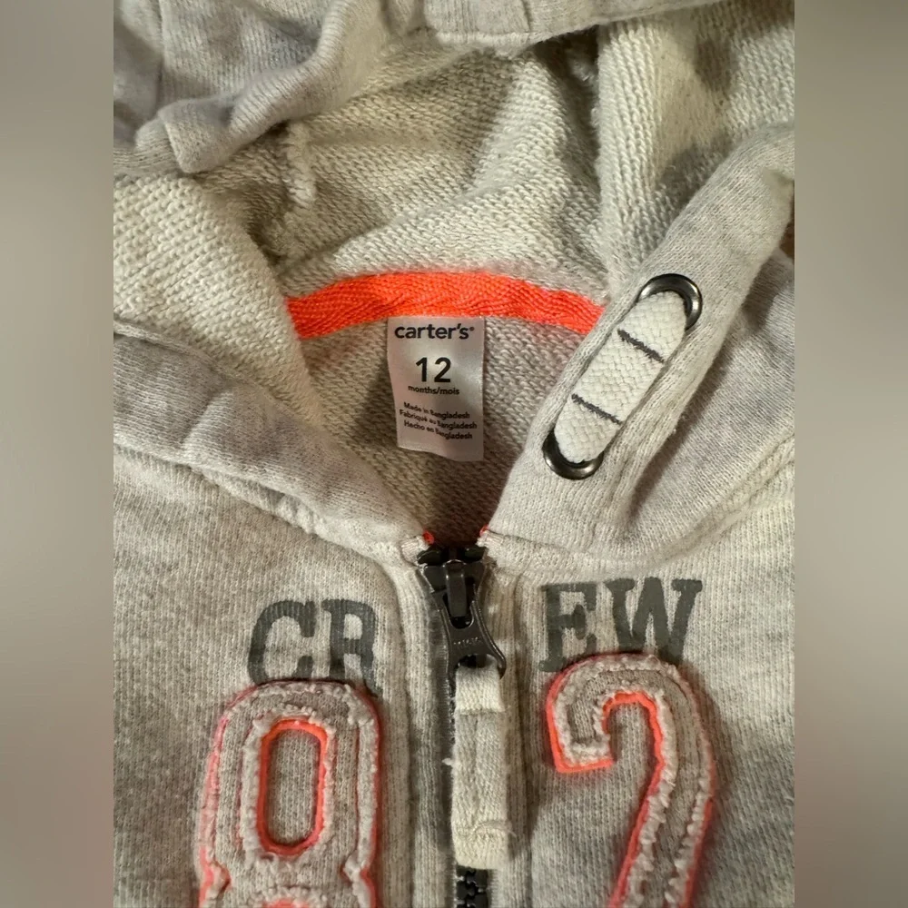 Carter's Gray Full Zip-Up Hoodie Sweatshirt Infant Size 12 M Cozy, Casual, Cool